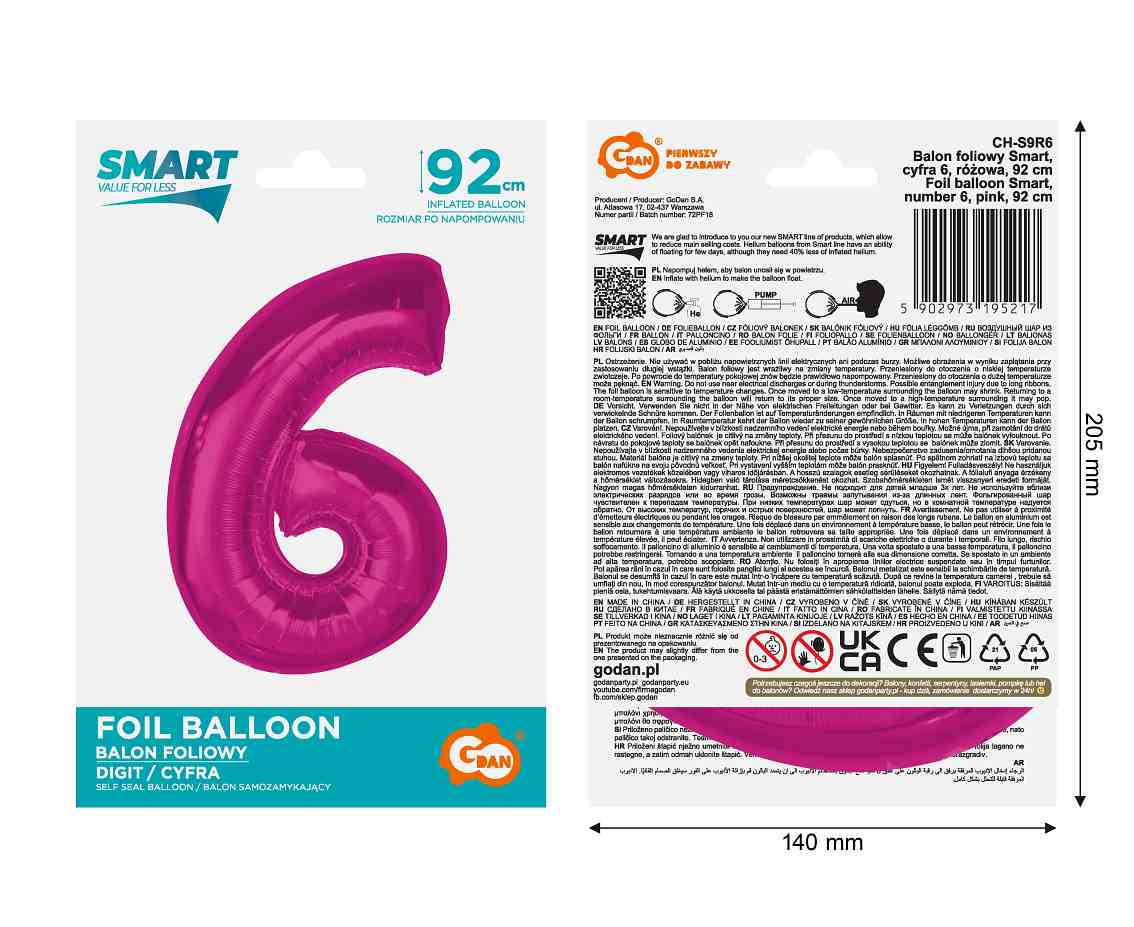 Balon foliowy Smart cyfra 6 różowa 92cm CH-S9R6 GoDan